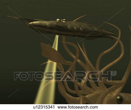 Clip Art - Submarine and Monster Squid, Illustration, CG, 3D, Low Angle View. Fotosearch
