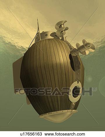Submarine, Illustration, CG, 3D, Low Angle View View Large Illustration Drawing - Submarine, Illustration, CG, 3D, Low Angle View. Fotosearch