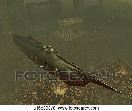 Submarine, Illustration, CG, 3D, Sepia, High Angle View View Large Illustration Stock Illustration - Submarine, Illustration, CG, 3D, Sepia, High Angle View. Fotosearch