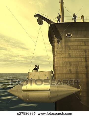 Stock Illustration - Submarine, Illustration, CG, 3D, Sepia, Low Angle View. Fotosearch