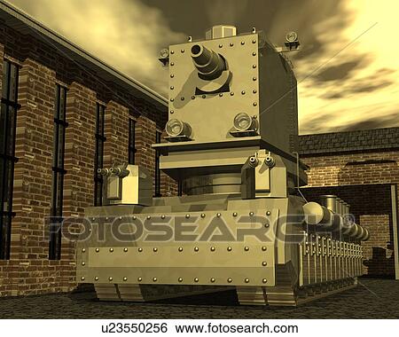 Tank, Illustration, CG, 3D, Sepia, Low Angle View View Large Illustration Stock Illustration - Tank, Illustration, CG, 3D, Sepia, Low Angle View. Fotosearch