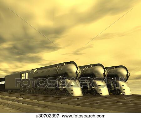 Stock Illustration - Three Locomotives, Illustration, CG, 3D, Sepia, Low Angle View. Fotosearch