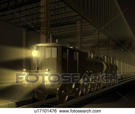 Train, Illustration, CG, 3D, Sepia, Close Up View Large Illustration Stock Illustration - Train, Illustration, CG, 3D, Sepia, Close Up. Fotosearch
