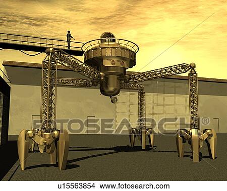 Walking Robot, Illustration, CG, 3D, Low Angle View View Large Illustration Stock Illustration - Walking Robot, Illustration, CG, 3D, Low Angle View. Fotosearch