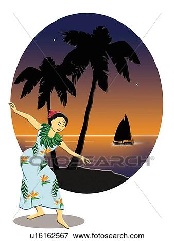 Stock Illustration - Beach in Oval Frame and Woman dancing, Painting, Illustration, Side View. Fotosearch