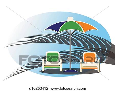 Drawing - Beach Parasol and Chairs, Painting, Illustration. Fotosearch