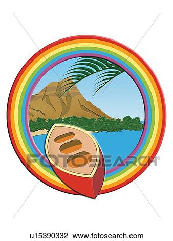 Canoe and Island in Rainbow Frame, Painting, Illustration View Large Illustration Drawing - Canoe and Island in Rainbow Frame, Painting, Illustration. Fotosearch