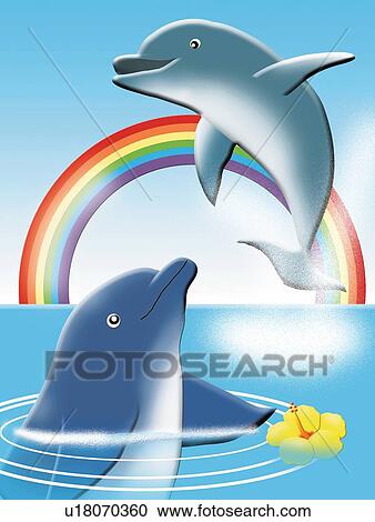 Clipart - Dolphins with Rainbow and Hibiscuses, Painting, Illustration. Fotosearch