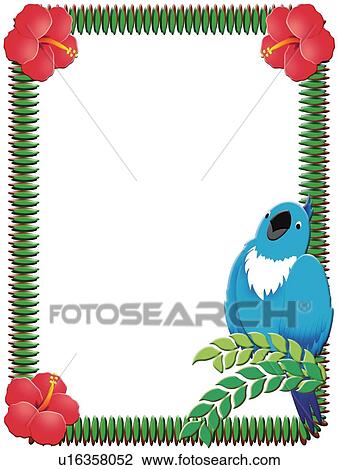 Drawing - Frame made of Tropical Plants and Bird, Painting, Illustration, Copy Space. Fotosearch
