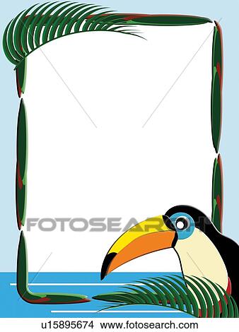 Stock Illustration - Frame made of Tropical Plants and Parrot, Painting, Illustration, Copy Space. Fotosearch