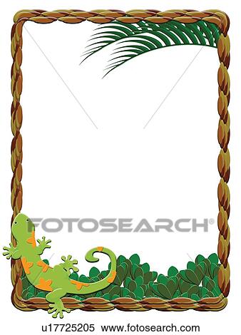 Stock Illustration - Frame made of Tropical Tree and Lizard, Painting, Illustration, Copy Space. Fotosearch