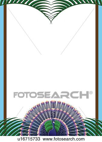 Frame of Tropical Leaf and Peacock, Painting, Illustration, Copy Space View Large Illustration Drawing - Frame of Tropical Leaf and Peacock, Painting, Illustration, Copy Space. Fotosearch