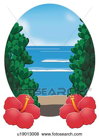 Hibiscus and Ocean in Oval Frame, Painting, Illustration View Large Illustration Stock Illustration - Hibiscus and Ocean in Oval Frame, Painting, Illustration. Fotosearch