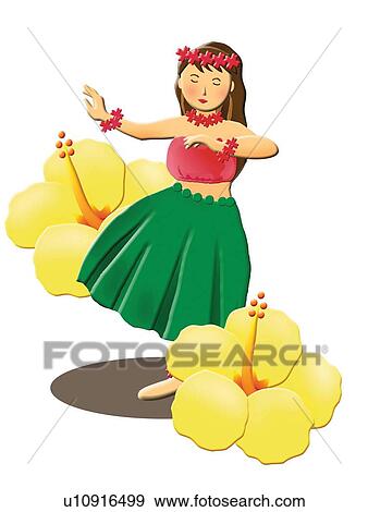 Stock Illustration - Hibiscuses and Woman dancing, Painting, Illustration, Front View. Fotosearch