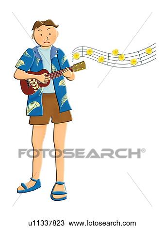 Drawing - Man playing Ukulele, Painting, Illustration, Front View. Fotosearch