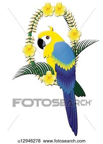 Stock Illustration - Parrot on Flower Wreath, Painting, Illustration. Fotosearch