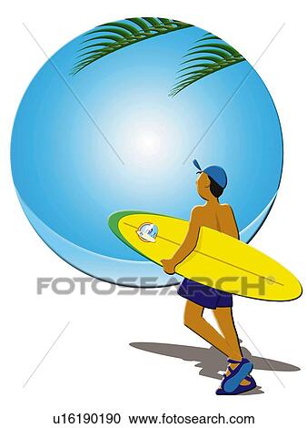 Surfing Image, Painting, Illustration, Rear View View Large Illustration Clipart - Surfing Image, Painting, Illustration, Rear View. Fotosearch