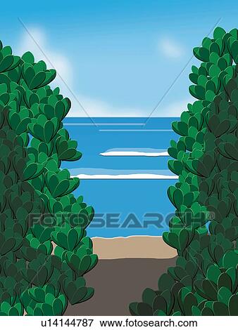 Stock Illustration - Trees and Ocean, Painting, Illustration. Fotosearch