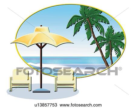 Drawing - Tropical Beach with Oval Frame, Painting, Illustration. Fotosearch