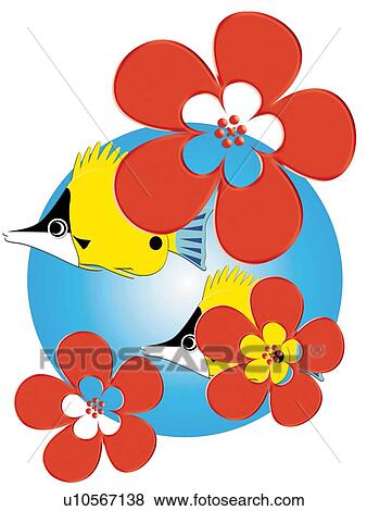 Tropical Flowers and Fishes, Painting, Illustration View Large Illustration Stock Illustration - Tropical Flowers and Fishes, Painting, Illustration. Fotosearch