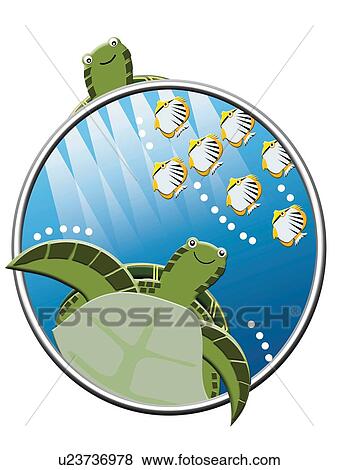 Stock Illustration - Turtles and Tropical Fishes, Painting, Illustration. Fotosearch
