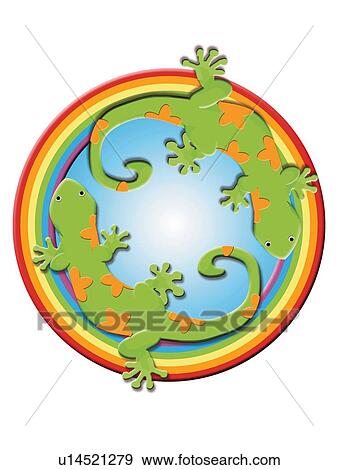 Stock Illustration - Two Lizards in Rainbow Frame, Painting, Illustration. Fotosearch