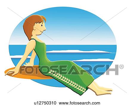 Clipart - Woman sitting and Ocean, Painting, Illustration, Side View. Fotosearch