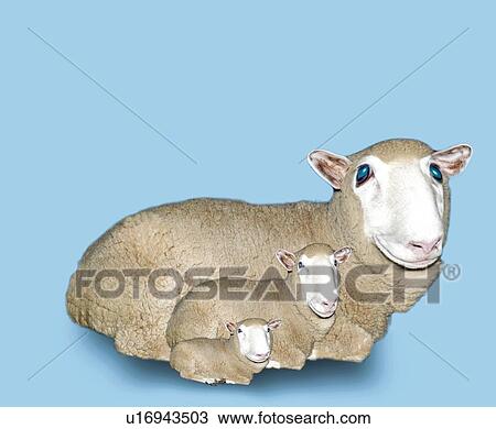 Sheep Family with Blue Eyes, Side View, Copy Space, CG View Large Illustration Drawing - Sheep Family with Blue Eyes, Side View, Copy Space, CG. Fotosearch