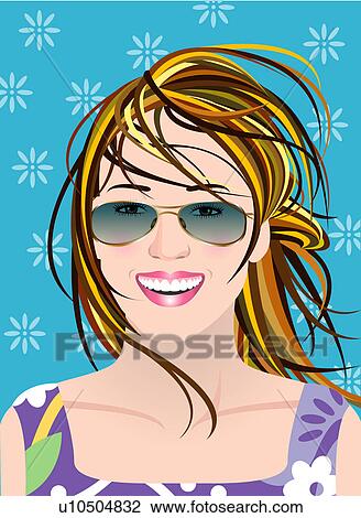 Close-up of a woman wearing sunglasses. View Large Illustration Drawing - Close-up of a woman wearing sunglasses.. Fotosearch