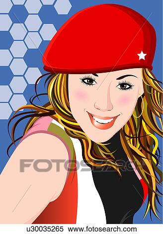 Portrait of a woman wearing a cap. View Large Illustration Stock Illustration - Portrait of a woman wearing a cap.. Fotosearch