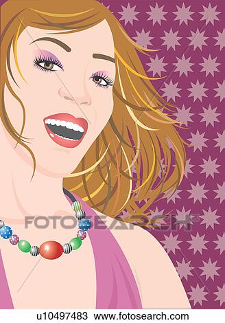 Drawing - Portrait of a woman wearing colorful necklace.. Fotosearch