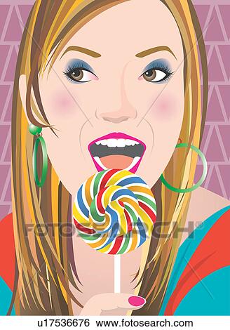 Stock Illustration - View of a woman eating a lollipop.. Fotosearch