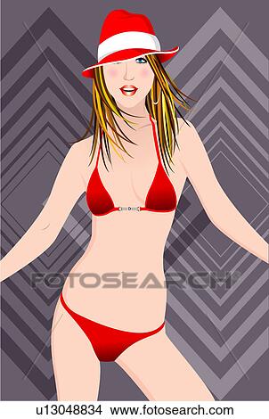 Stock Illustration - View of a woman wearing a cap and a bikini.. Fotosearch