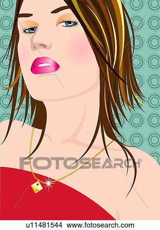 Stock Illustration - View of a woman wearing golden necklace.. Fotosearch