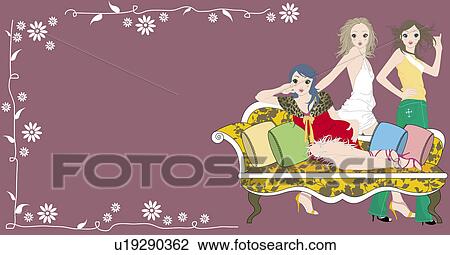 View of three women. View Large Illustration Drawing - View of three women.. Fotosearch