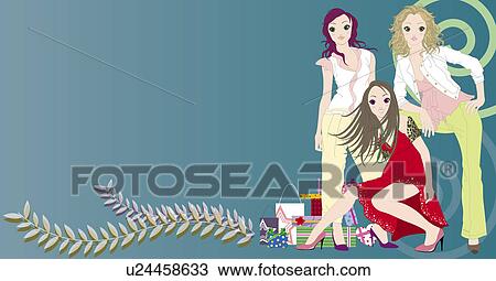 View of three women. View Large Illustration Drawing - View of three women.. Fotosearch