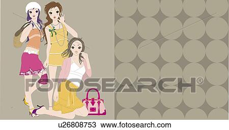 View of three women. View Large Illustration Drawing - View of three women.. Fotosearch