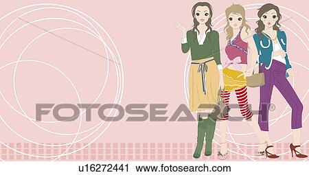 View of three women standing. View Large Illustration Clip Art - View of three women standing.. Fotosearch