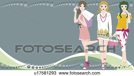 View of three women standing. View Large Illustration Drawing - View of three women standing.. Fotosearch
