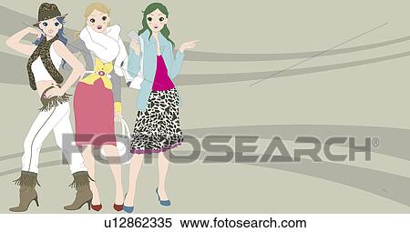 View of three women standing. View Large Illustration Stock Illustration - View of three women standing.. Fotosearch