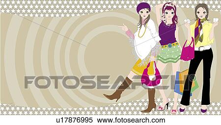 View of three women standing. View Large Illustration Stock Illustration - View of three women standing.. Fotosearch