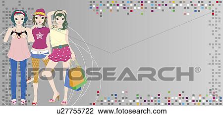 View of three women standing together. View Large Illustration Drawing - View of three women standing together.. Fotosearch