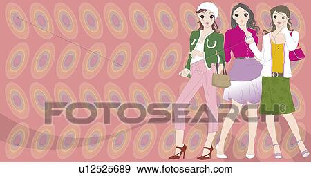 View of three women standing together. View Large Illustration Stock Illustration - View of three women standing together.. Fotosearch