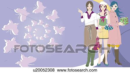 Stock Illustration - View of three women standing together.. Fotosearch