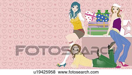 View of three women. View Large Illustration Stock Illustration - View of three women.. Fotosearch