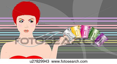 View of a woman holding cameras. View Large Illustration Drawing - View of a woman holding cameras.. Fotosearch