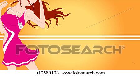 Drawing - View of a woman listening to music.. Fotosearch