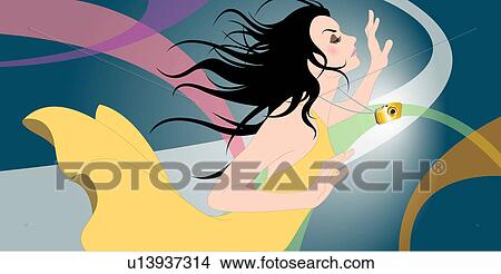 Stock Illustration - View of a woman standing against breeze.. Fotosearch