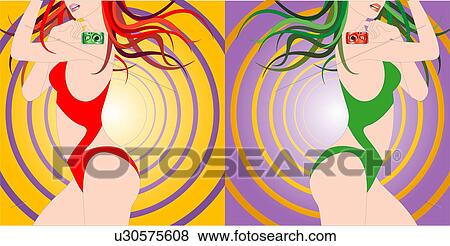 Stock Illustration - View of two women holding cameras.. Fotosearch