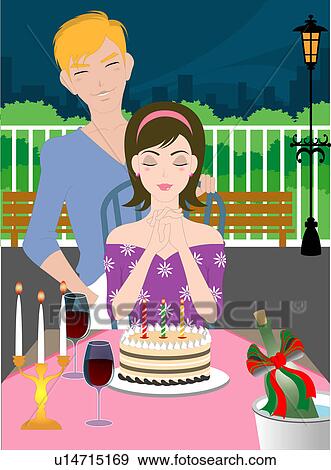 Couple celebrating with a cake. View Large Illustration Stock Illustration - Couple celebrating with a cake.. Fotosearch